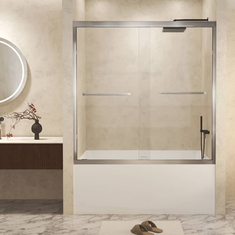 Premium Double Sliding Shower Door with Tempered Glass and Aluminum Frame for Stylish Bathrooms - Brushed Nickel