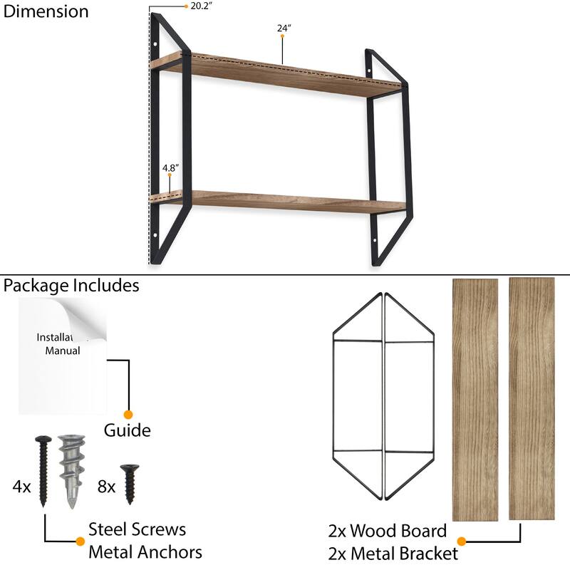 Wallniture Ponza 2-Tier Wood Floating Bookshelf for Bedroom Wall Decor