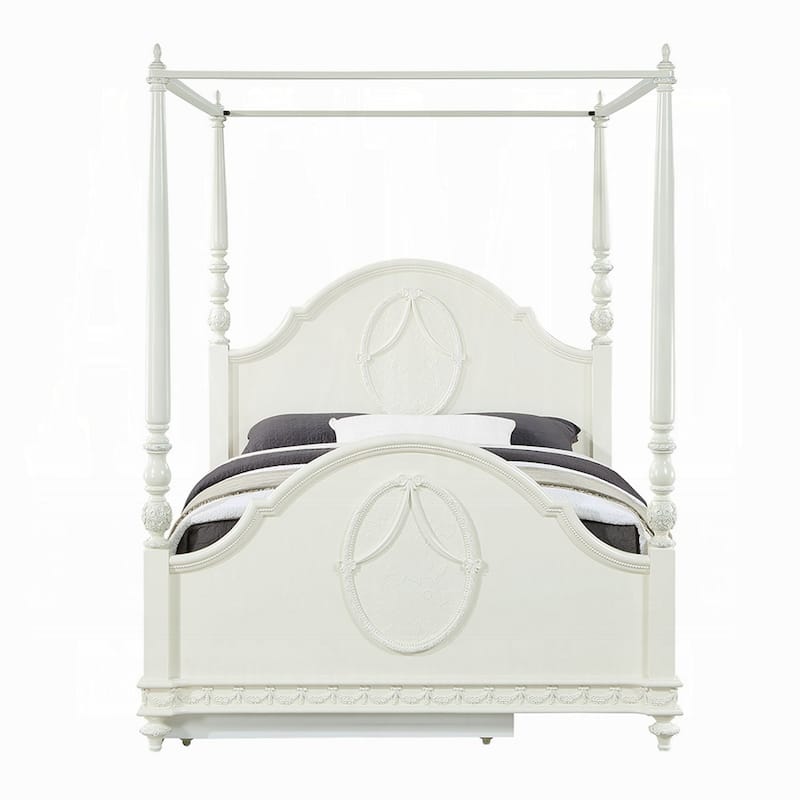 Dorie Full Size Poster Bed, Embossed Floral and Oval Molding, Ivory