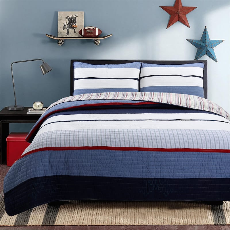 Cozy Line Levi Jean Stripped Denim Blues Cotton Quilt Bedding Set