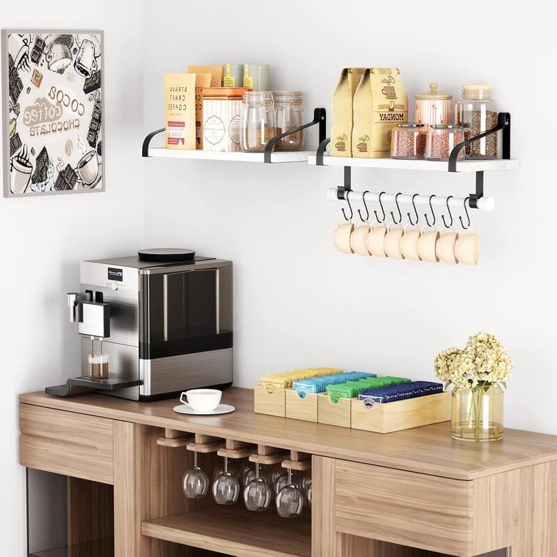 Floating Shelves for Coffee Bar,Bathroom Shelves with 8 Hooks - 7.3"D x 17.3"W x 8.27"H