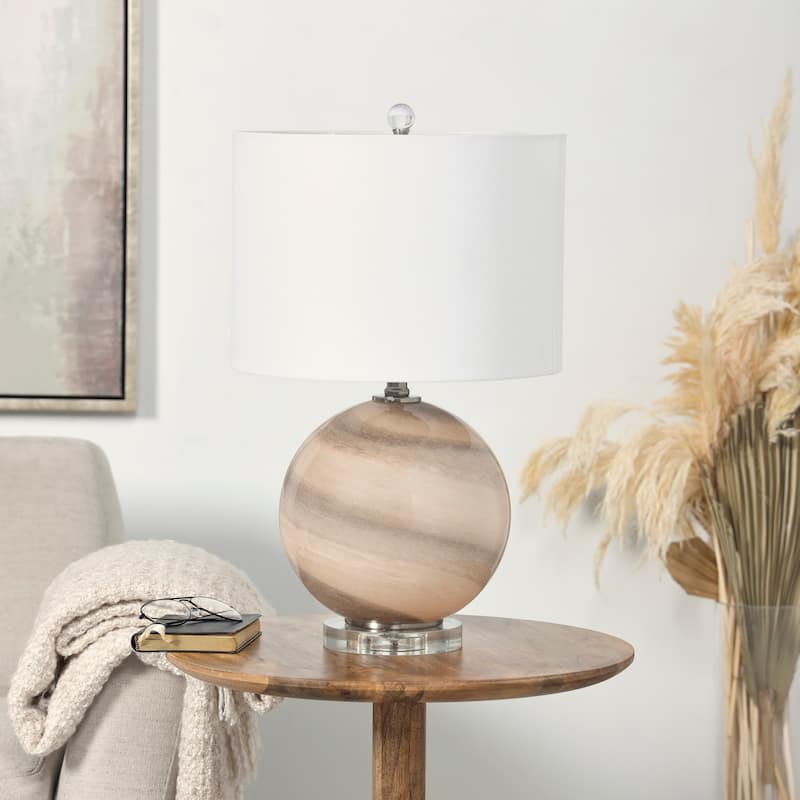 Beige Glass Round Accent Lamp with Marble Inspired Design and Gold Accents - Beige