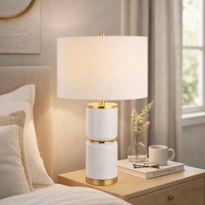 Table Lamp, Linen Drum Shade, Gold Accent White Ceramic Base, 26 Inch