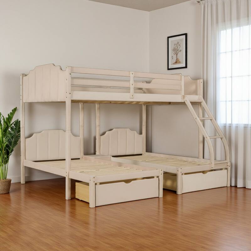 HomeRoots Beige Full Over Two Twins Solid Wood Bunk Bed With Drawers And Storage - Beige - 96.60 in. x 66.00 in.  x 79.70 in.