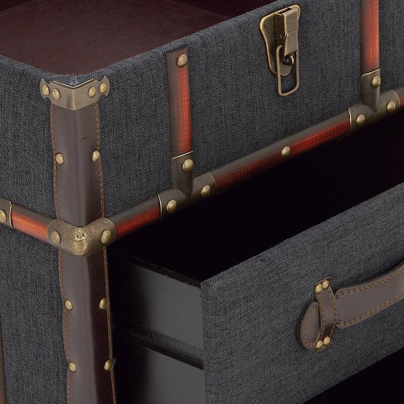 Faux Leather Vintage 2 Drawer Accent Table with Buckle Hinged Top - Dark Brown - Roche River Decor