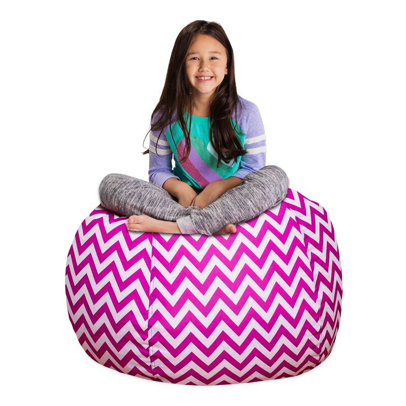 Kids' Stuffed Animal Storage Bean Bag Chair Cover or Toy Organizer - 38 Inches Large - Pattern Chevron Purple and White