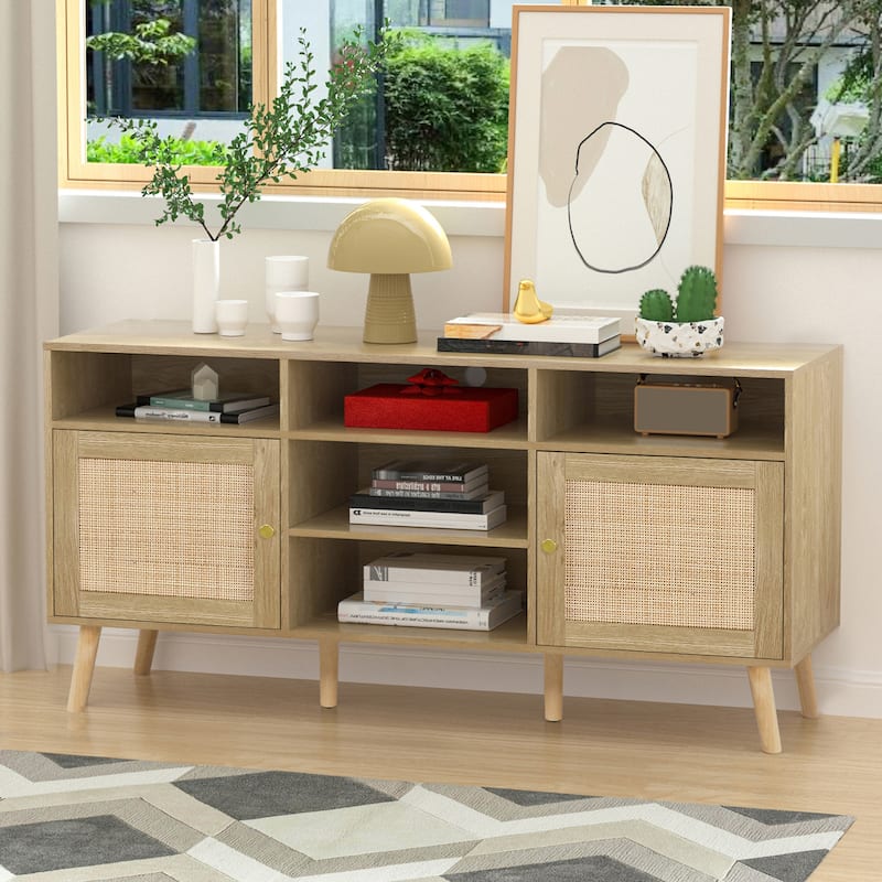 Anmytek Modern Rattan Wood TV Stand Console Table Entertainment Centers for TVs up to 65" - 59"