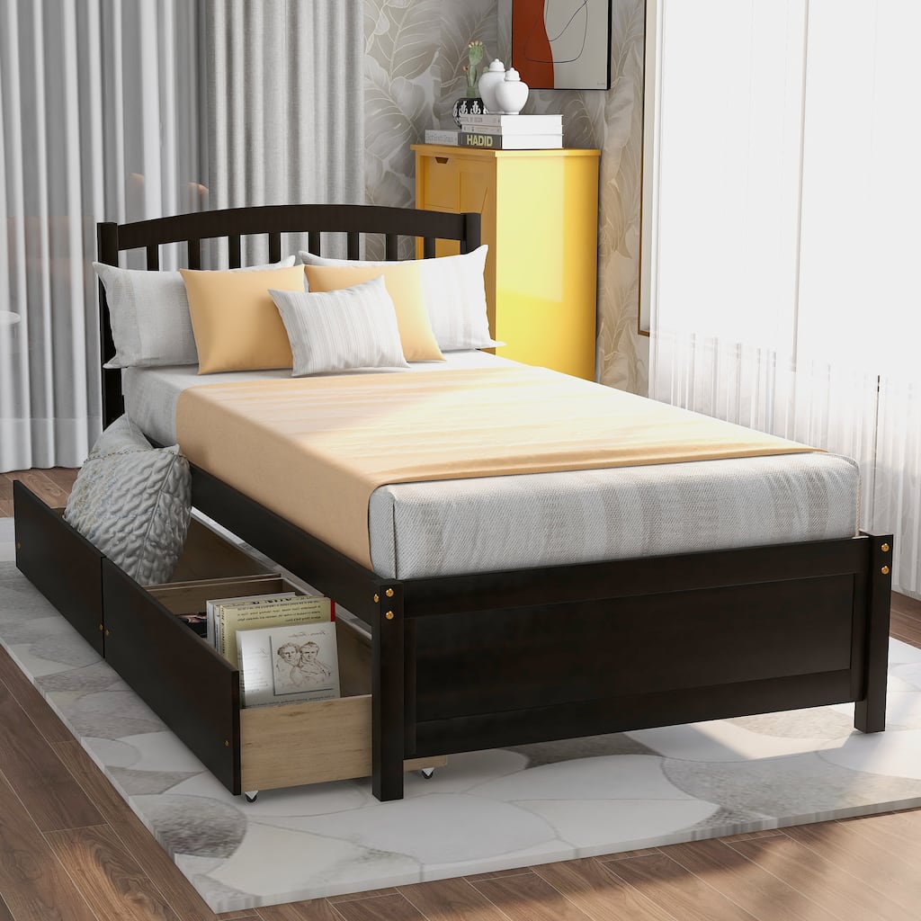 Twin Platform Storage bed Wood bed Frame with Two Drawers and Headboard, Espresso