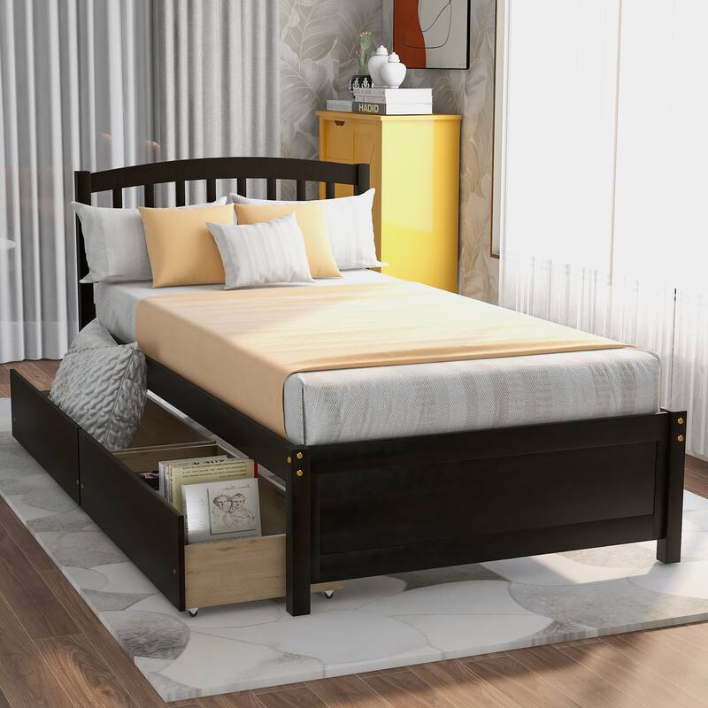 Twin Size Wooden Platform Storage Bed with 2 Drawers and Headboard, Espresso Finish - Espresso