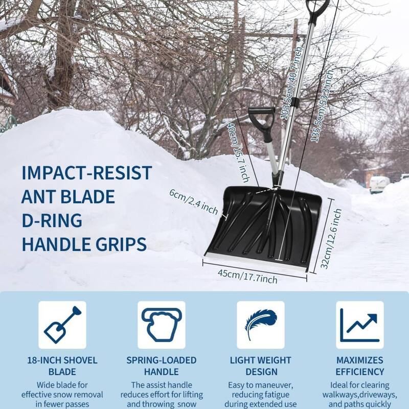 18" Wide Lightweight Snow Pusher Ergonomic Snow Shovel for Driveway, Walkway