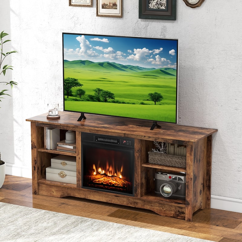 Engineered Wood 65 inches TV Stand with 6 Storage Cubby Shelves and Fireplace Space - 58" x 16" x 24.5"