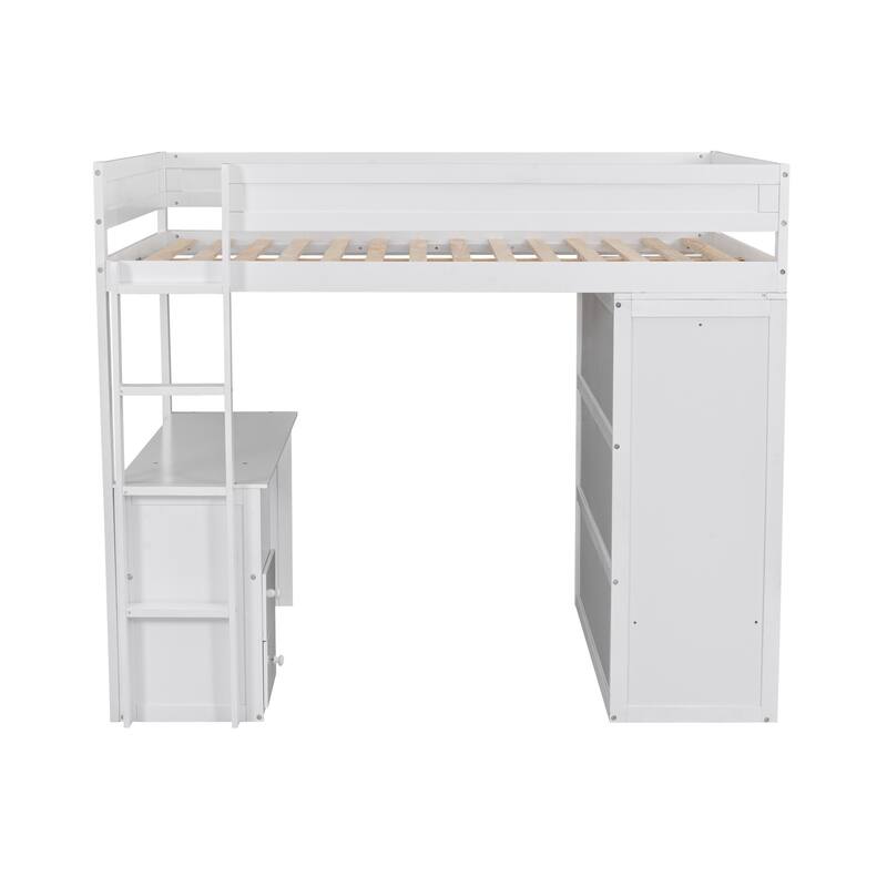 Full Size Loft Bed with Sliding Doors Wardrobe with All-in-One Drawers Desk, Wood Loft Bed with Ladder and Guardrail - White