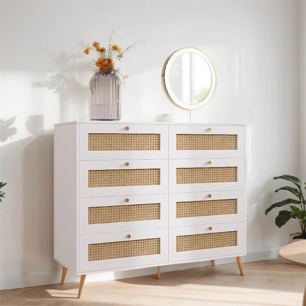 8 Drawers Chest with Rattan Drawer Face Golden Legs and Handles