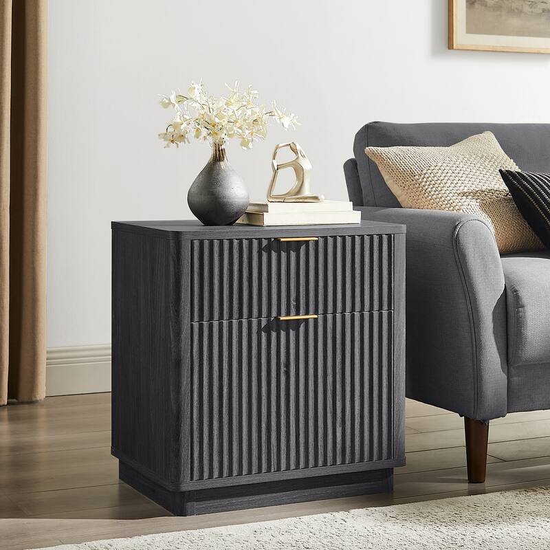 Modern Fluted Nightstand with Charging Station, 2 Drawer Bedside Table