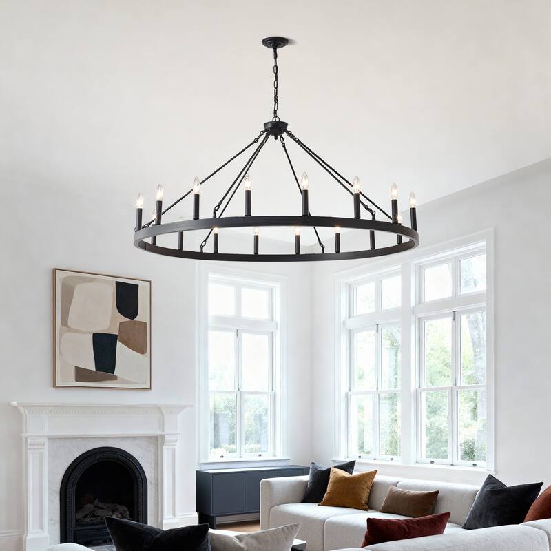 53.15 Inch Matte Black Wagon Wheel Chandelier With 18 light (No Bulbs) -E12
