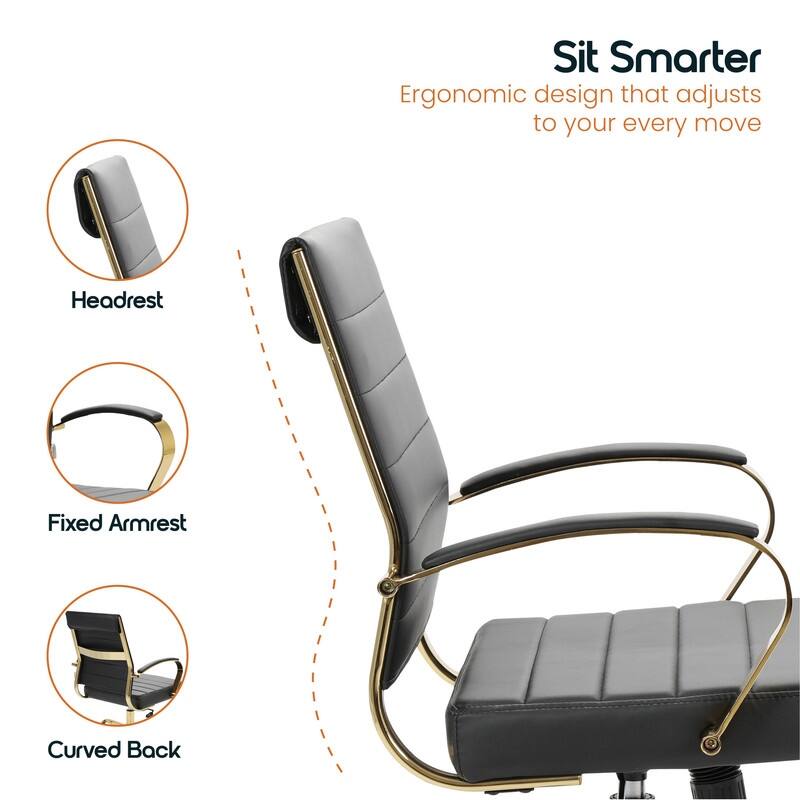 Benmar Mid-Back Leather Office Desk Chair in Gold Stainless Steel Frame Adjustable Height Tilt Lock 360 Swivel Ergonomic Chair