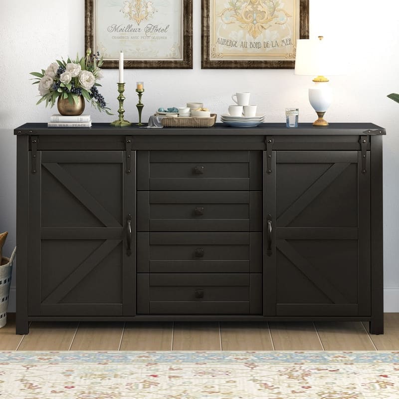 Farmhouse 55.1" Sideboard with Sliding Barn Doors and Storage Drawers, Wood Buffet Table with Power Outlet - Black