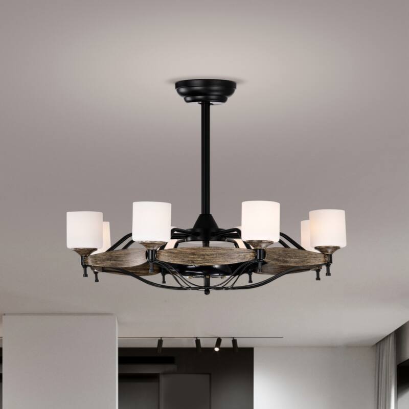 33 inch Chandelier Ceiling Fan for Bedroom Dining Room Living Room Kitchen Farmhouse Entry,Matte Black+ Wood Grain - Wood