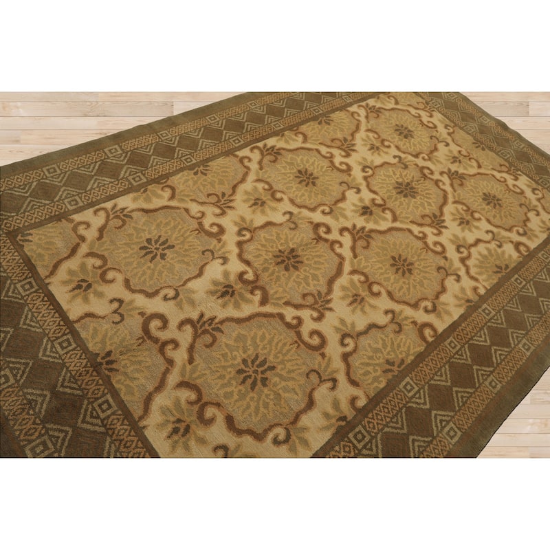 6x9 Tibetano Hand Knotted Wool & Silk Beige Tibetan Transitional Patterned Rug - 6' x 9'