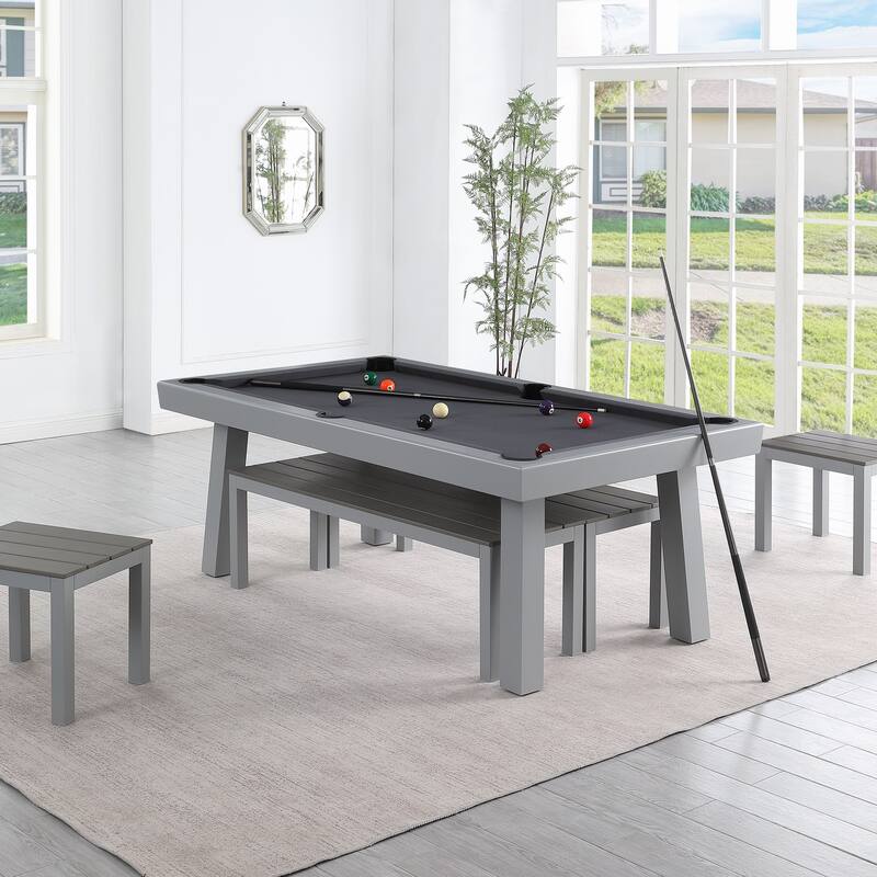 Laguna Indoor/Outdoor 8ft Slate Pool Table 6-Seater Dining Set with 4 Benches & Accessories, Cement Finish