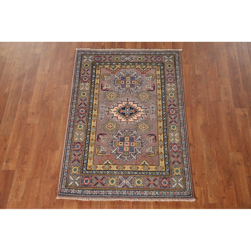 Brown Geometric Kazak Accent Rug Wool Carpet - 2'9" x 4'1"