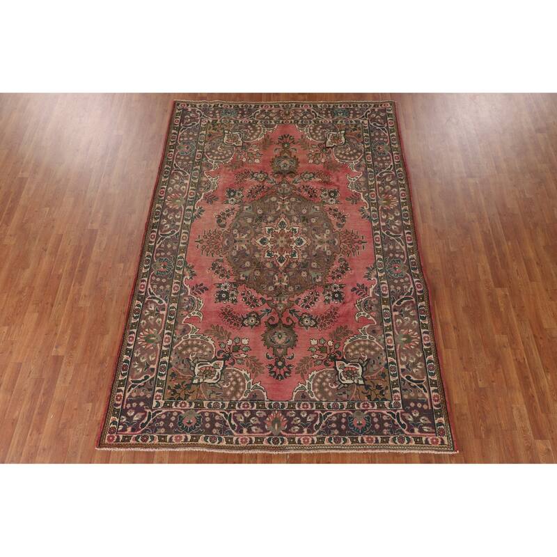 Pink Tabriz Persian Vintage Area Rug Handmade Wool Carpet - 6'8" x 9'10"