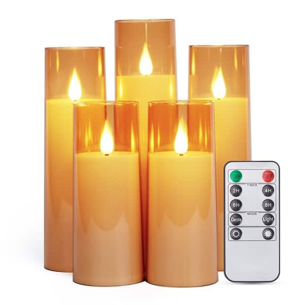 slide 2 of 19, Flickering Flameless Candles Acrylic Shell Pillar 3D Wick LED Candles with Timer for Wedding Christmas Home Decor Set of 5 Plastic - Gold