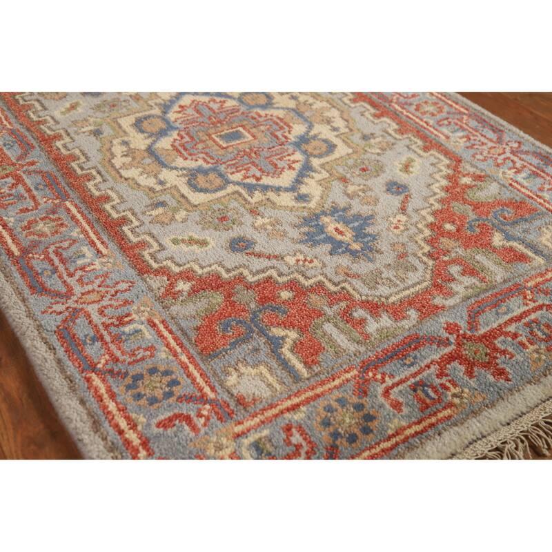 Hand Knotted Oriental 100% Wool Carpet Traditional Geometric Greys & Charcoal Heriz (serapi) Runner Rug - 7' 11'' X 2' 7''