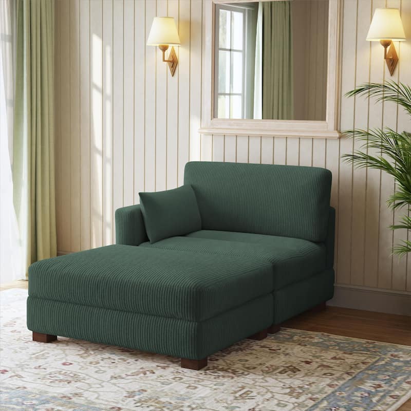 Modern Corduroy Upholstered Sectional Chaise Lounge with Ottoman - HUNTER GREEN-Left Facing - Left Facing
