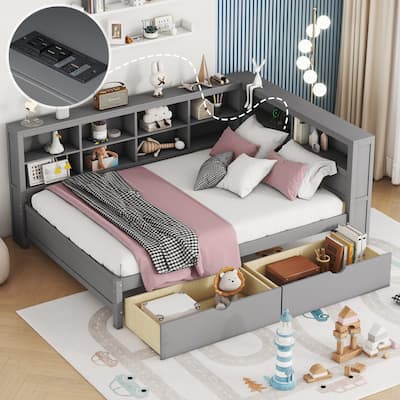Roomfitters Wooden Full Size Daybed with Versatile Storage Shelf and USB Charging Ports, Functional Design for Modern Living