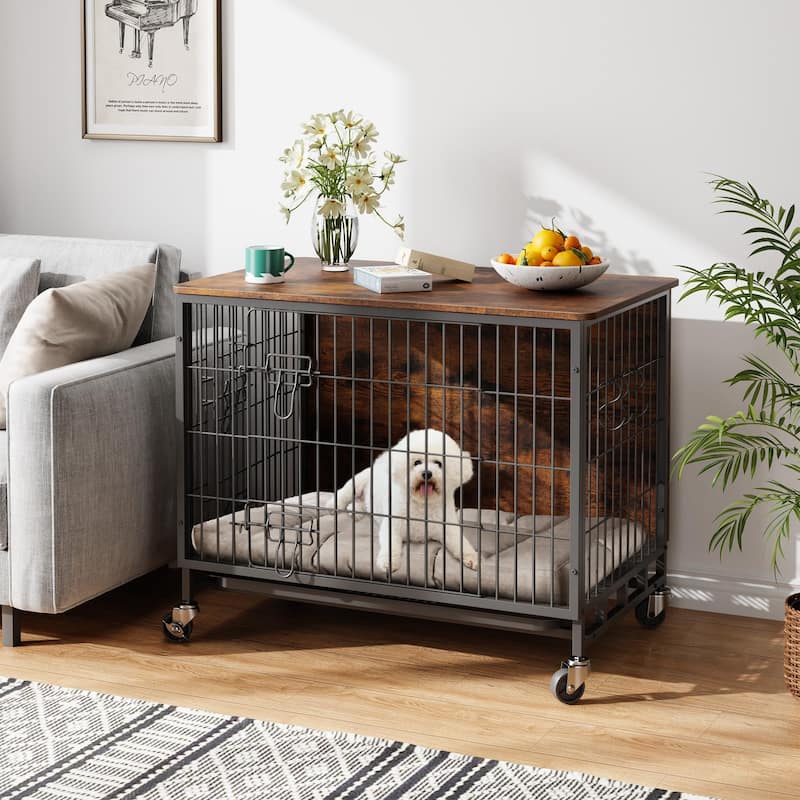 Dog Crate Furniture with Double Doors, Cage with Wheels and Tray