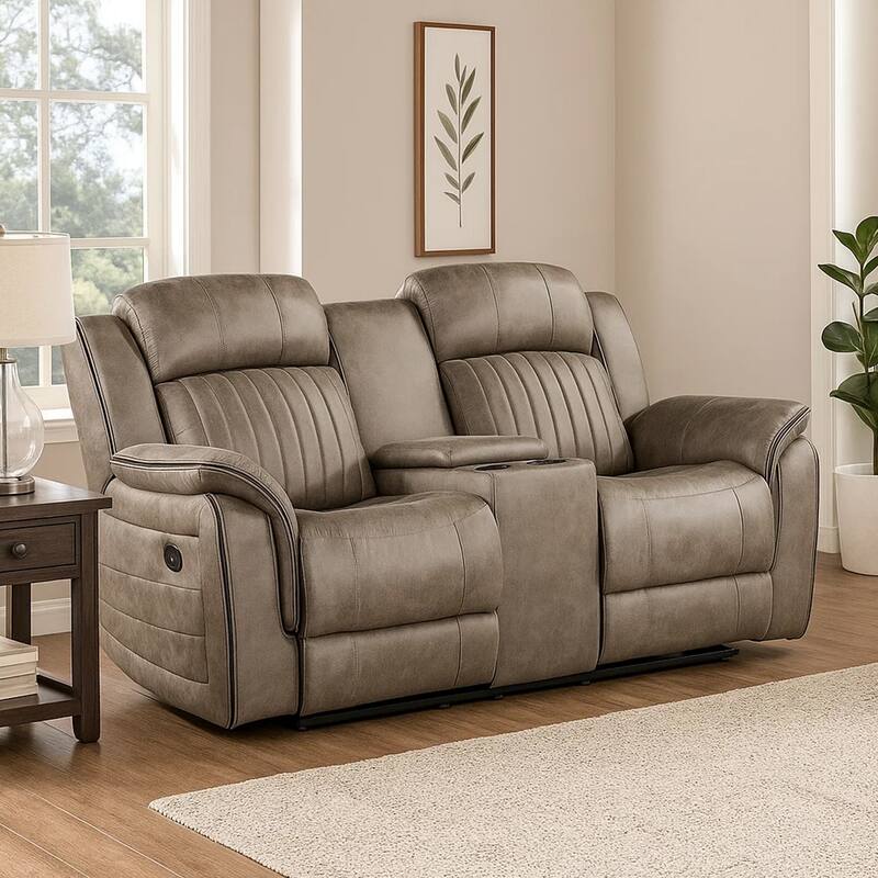 Bento 74 Inch Manual Recliner Loveseat, Console, Sandy Brown Microfiber