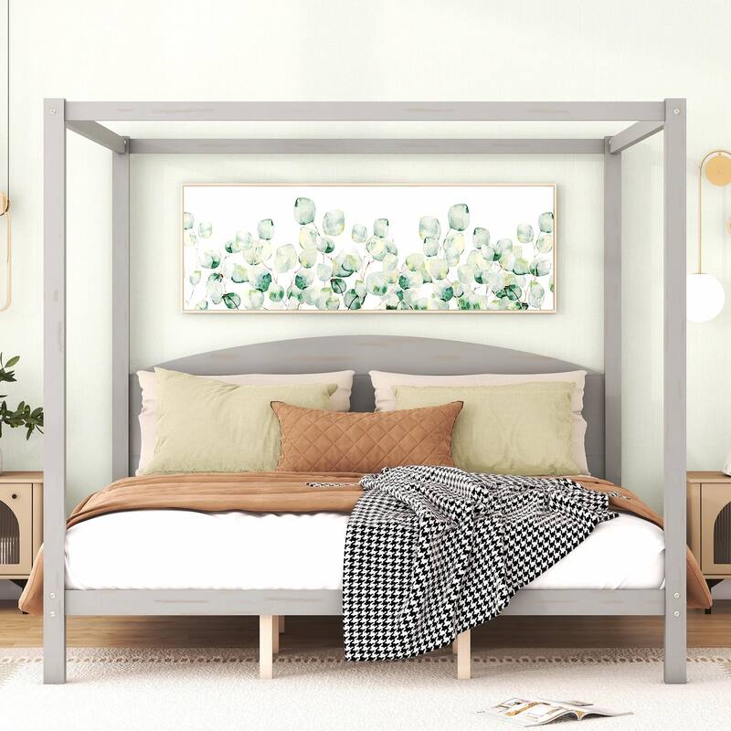 King Size Canopy Bed with Headboard and Support Legs - Grey