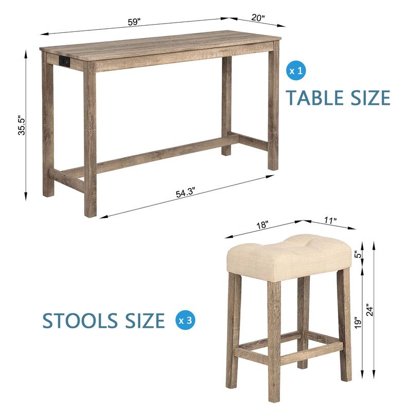 4-Piece Bar Table Set with Power Outlet and Comfortable Padded Stools for Dining and Entertaining