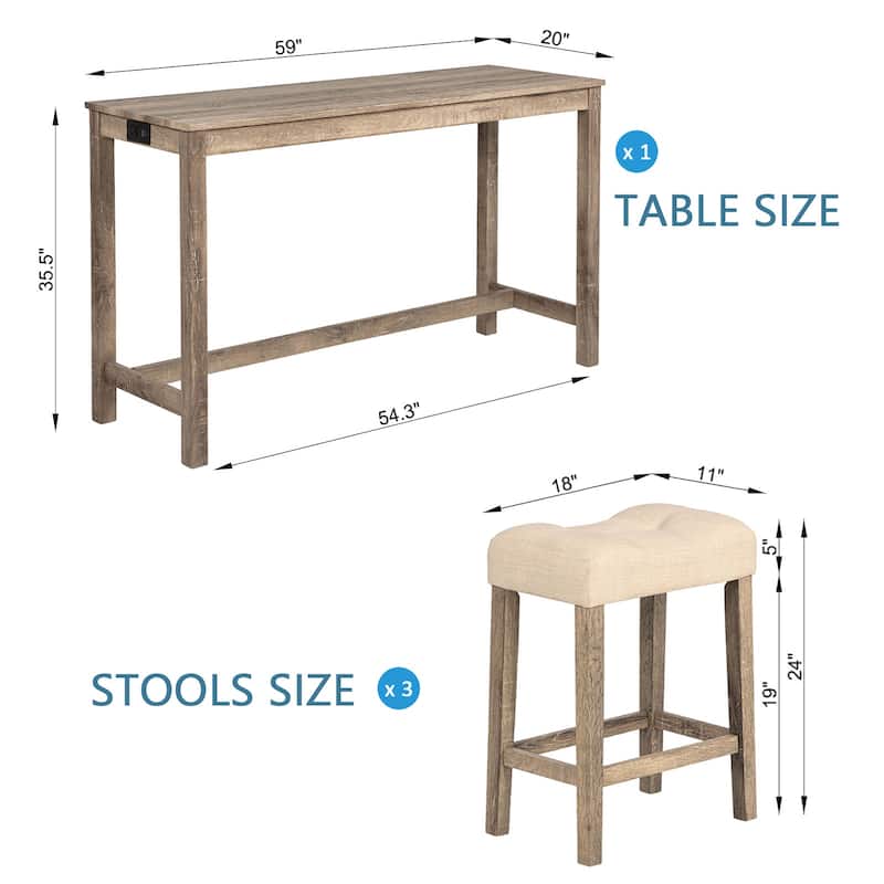 GDFStudio - Calverly 4-Piece Industrial Bar Table Set with USB Power Station and 3 Linen Upholstered Stools