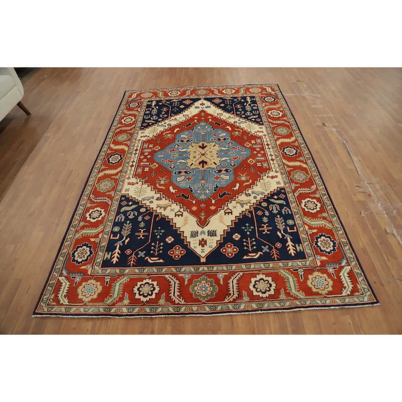 Hand Knotted Oriental 100% Wool Carpet Traditional Medallion Oranges & Rust Heriz (serapi) Area Rug - 8' 10'' X 6' 0''