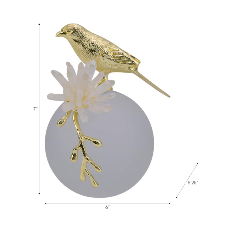 Metal Bird Statue with Crystal Sphere Base - 7", Gold & White - 7.0"