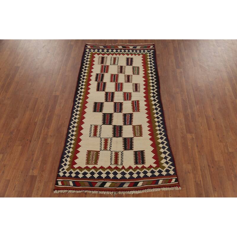 Beige Kilim Qashqai Persian Vintage Rug Hand-Woven Wool Carpet - 3'6"x 6'11"