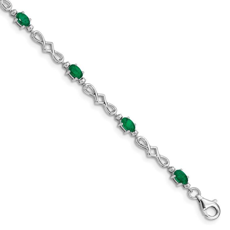 Curata 925 Sterling Silver Polished Open back Fancy Lobster Closure Emerald and Diamond Bracelet