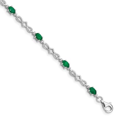 Curata 925 Sterling Silver Polished Open back Fancy Lobster Closure Emerald and Diamond Bracelet