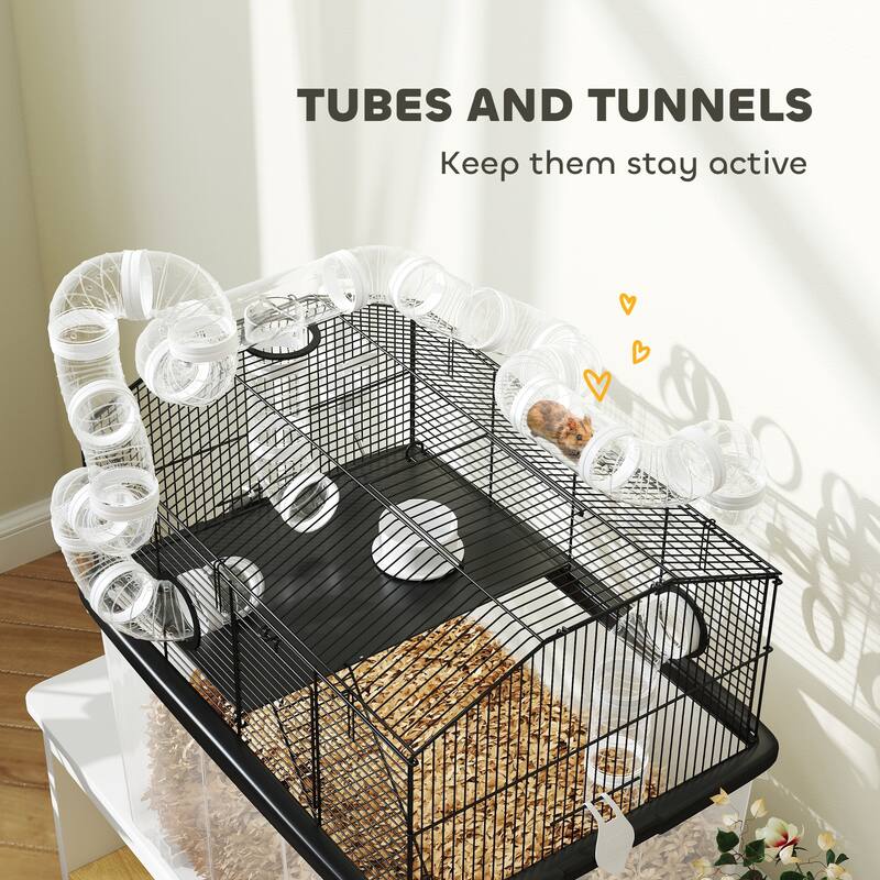 PawHut Large Hamster Cage with 12" Deep Tray, 2 Tier Gerbil Cage with Tube System, Water Bottle, Ramp, Black