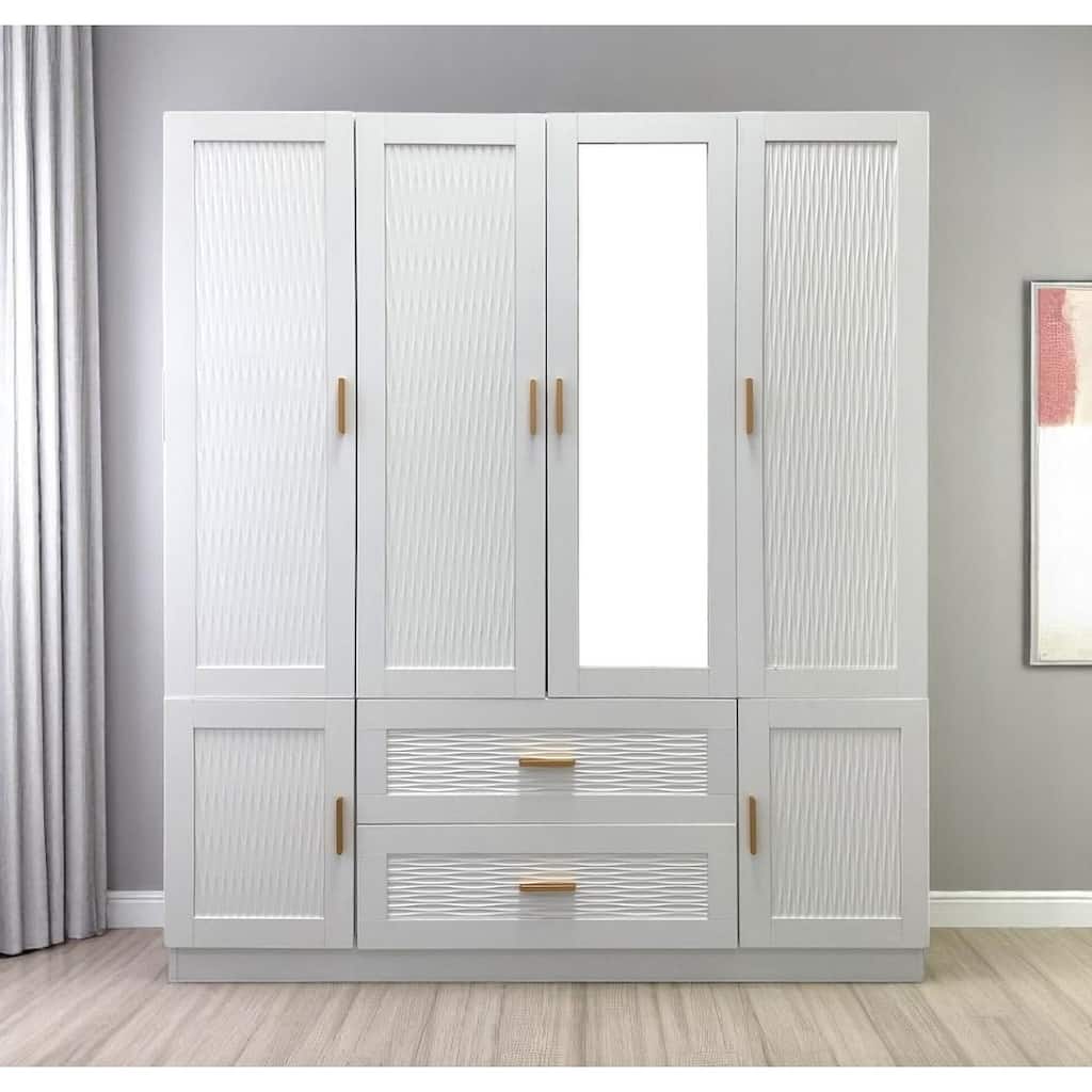 HomeRoots 75" White Ribbed Texture Wood Mirrored Six Door Two Drawer Combo Dresser