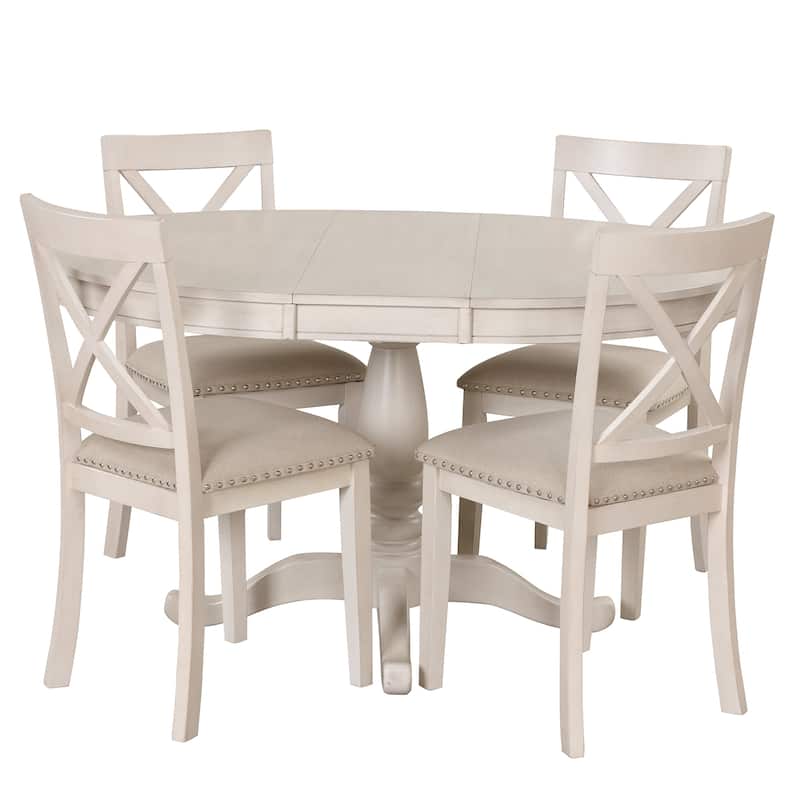 5 Piece Wood Dining Table Set, Kitchen Dining Table Set with Extendable Round Dining Table and 4 Chairs with Backrest