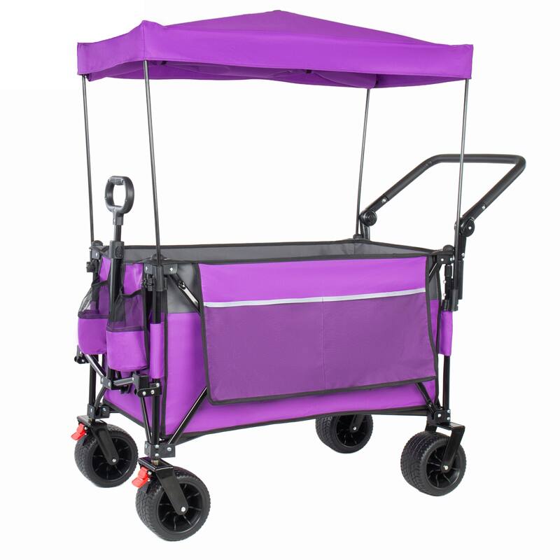 Multi-Functional Push-Pull Folding Wagon Cart with Rotating Handle & Canopy,7"x4"All-Terrain Wheels & Brakes,300L Large Capacity