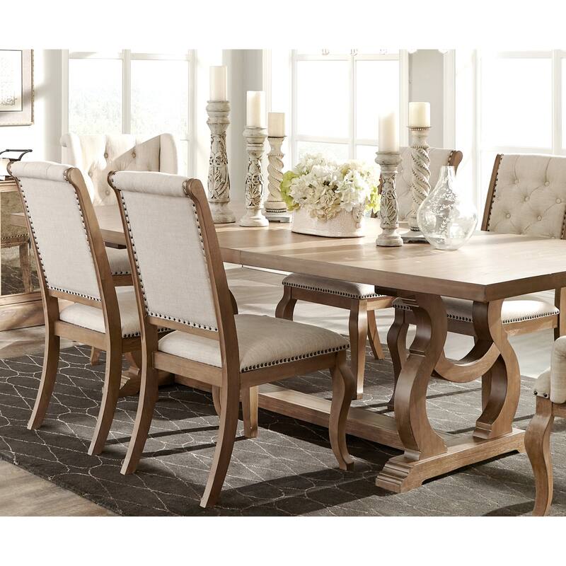 Rolled Back Design Button Tufted Cream Upholstered Dining Chairs with Nailhead Trim (Set of 2)