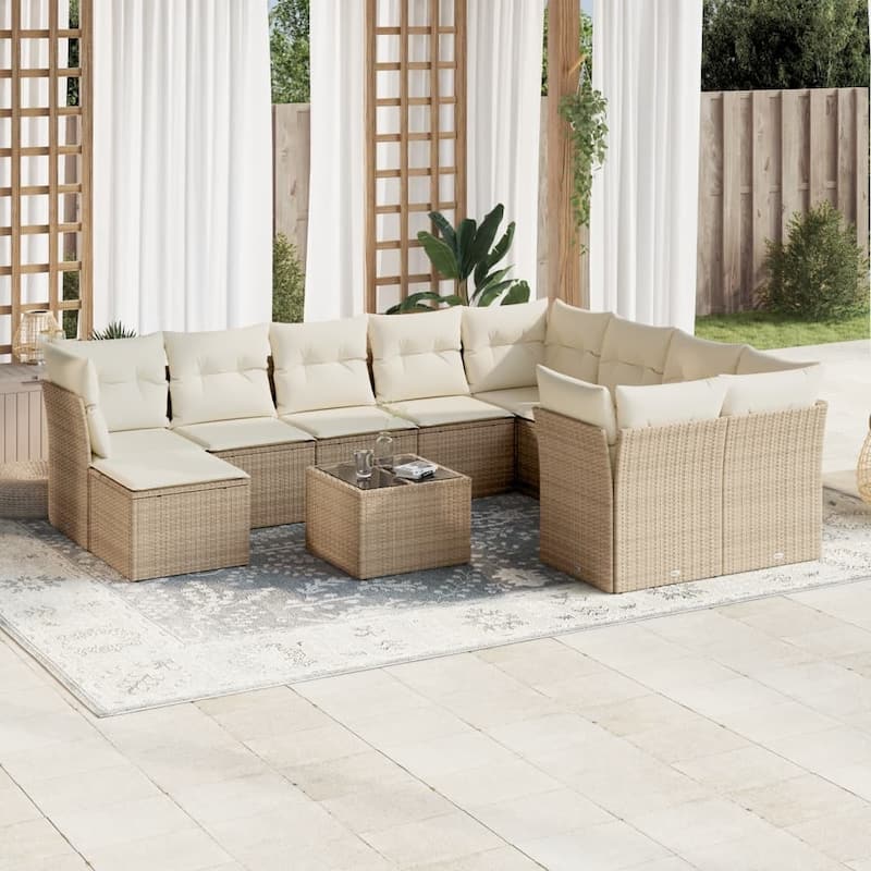 vidaXL Patio Sofa Set with Cushions Outdoor Furniture 11 Piece Poly Rattan - 21.7 x 21.7 x 14.6 - Beige and cream