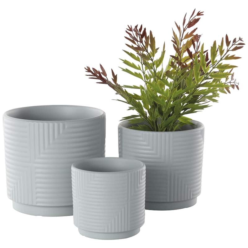Ceramic Geometric Indoor Outdoor Planter with Layered Square Shaped Grooves - Set of 3 Pink, Cream or Gray - Roche River Decor - Gray