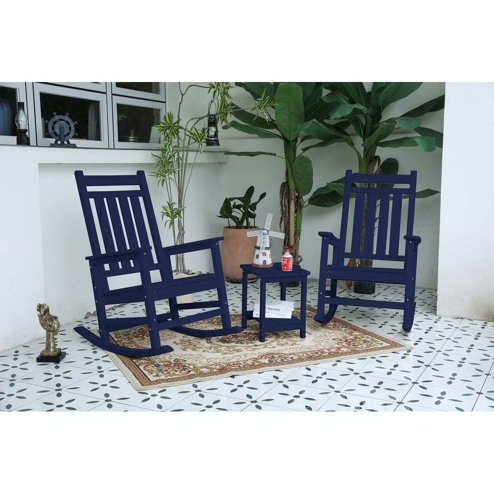Outdoor Rocking Chair Set with Side Table, 3-Piece Rocking Chair Set with Wood Texture, Black