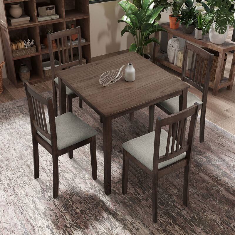 Space-Saving 5-Piece Dining Table Set with Rustic Wooden Table and Comfortable Upholstered Chairs - Ideal for Apartments - Dark Brown