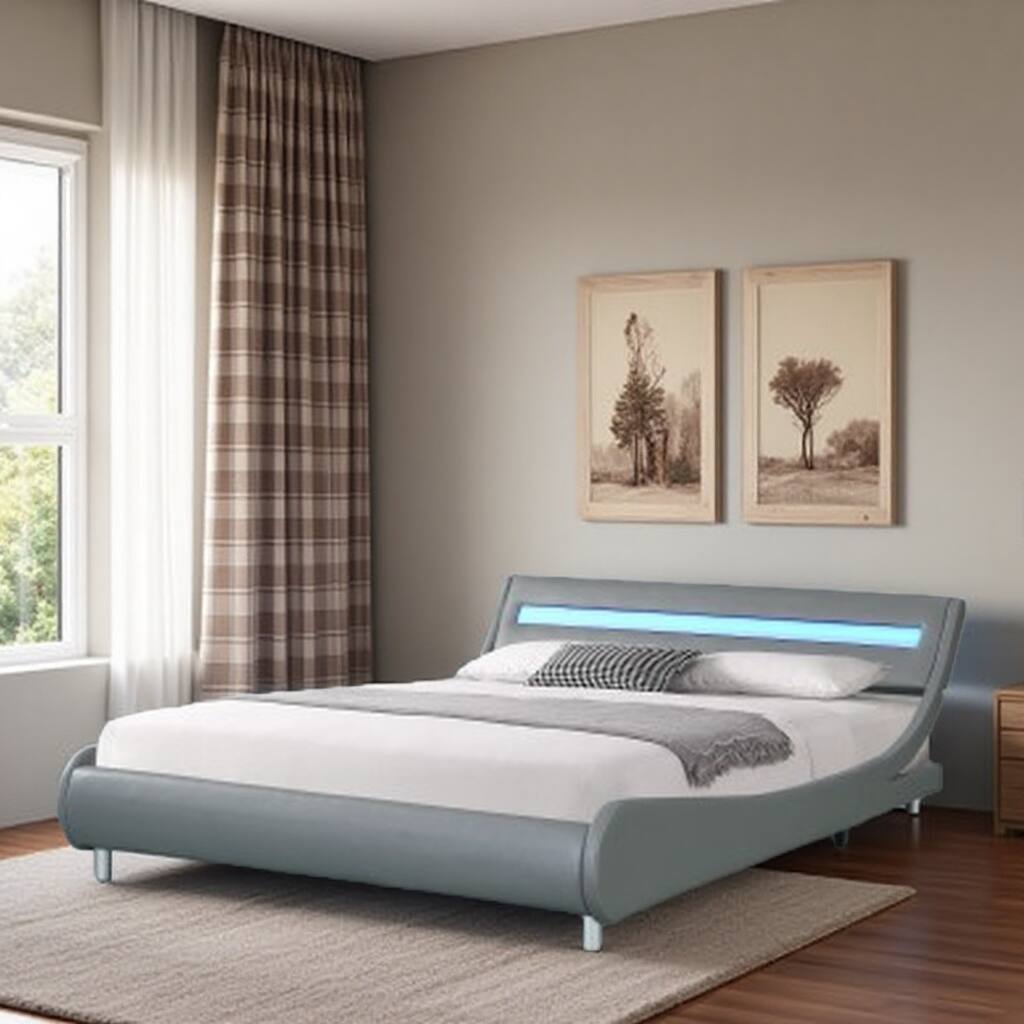 Queen Platform Bed Frame with Remote-Control LED Lights, Curved Faux Leather Design, Sturdy Wood Slats, No Box Spring Required